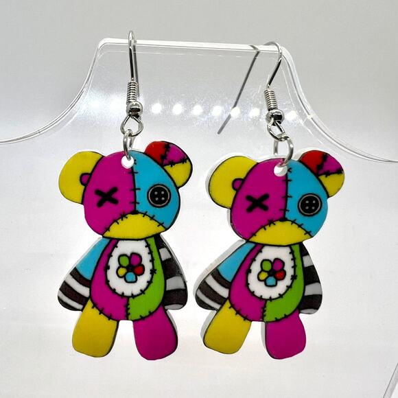 Patchwork Bear Earrings - Halloween Earrings - Punk Earrings - Teddy Bear Earrin - Picture 1 of 7